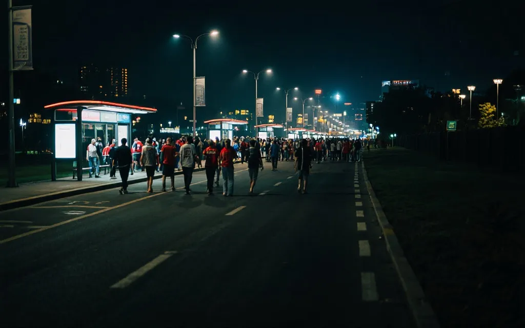 夜间散场后球迷在宽阔街道步行，远处是公共交通站点的灯光