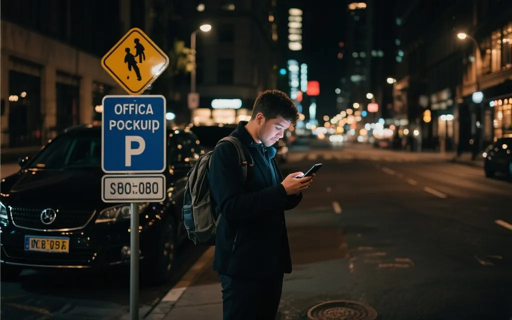 夜晚城市街头与正规乘车点，突出赛后出行安全与验证信息