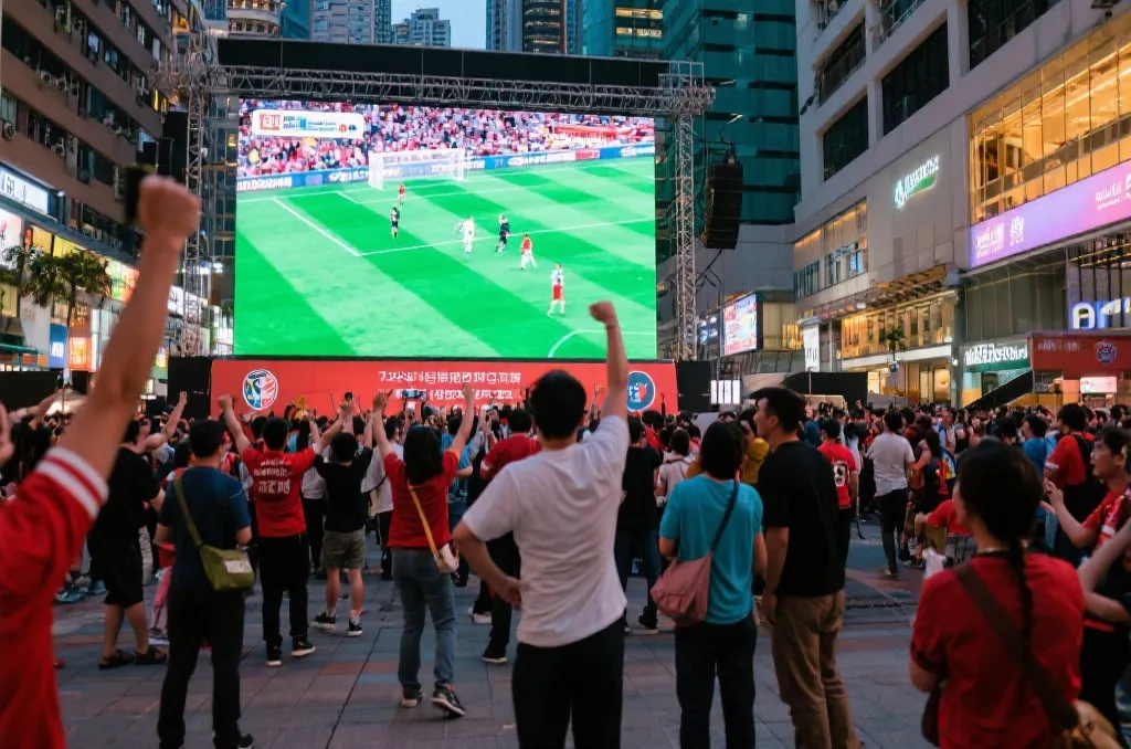 香港户外商场大屏幕前聚集的狂欢球迷，手持充气加油棒