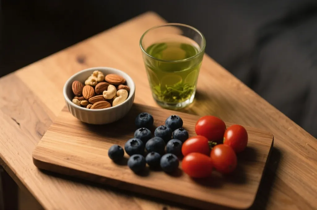 A healthy flat lay of late-night snacks on a wooden table, featuring a glass of green tea, a small bowl of mixed nuts, fresh blueberries, and cherry tomatoes, soft warm lighting, clean and appetizing, editorial food photography